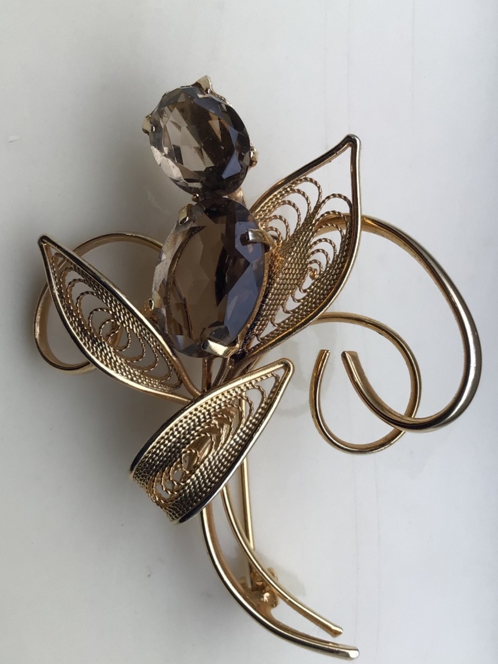 Vintage Faux Smoky Quartz Intricate Filigree Brooch